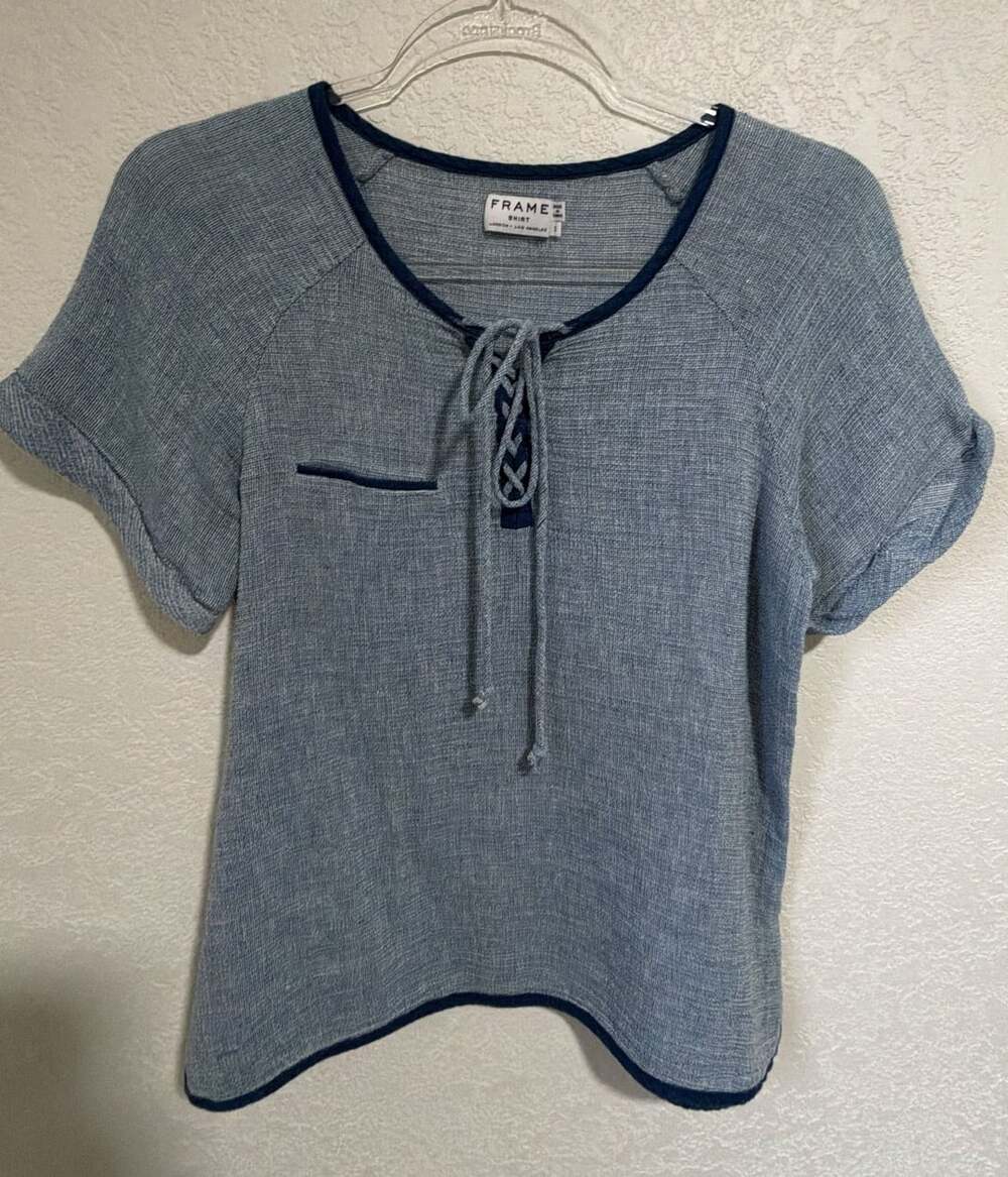FRAME Shirt Size S Blue Linen Cotton Lace Up Top